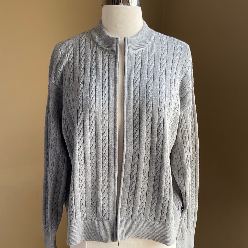 Nautica Light Gray Cable Knit Full Zip Women's Cardigan Sweater Size Medium